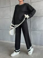 Compleu Tricotat cu Pantalon Rora Negru cu Dungi Albe