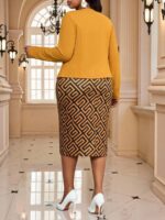 Compleu cu Rochie Midi Anais Galben Mustar cu Print Geometric Negru - Marimi Mari - imagine 3