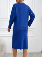 Compleu Tricotat cu Fusta Midi Daniella Albastru cu Strasuri - imagine 2