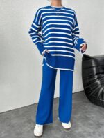 Compleu Tricotat cu Pantalon Nancy Albastru cu Dungi Albe - imagine 4