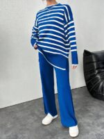 Compleu Tricotat cu Pantalon Nancy Albastru cu Dungi Albe