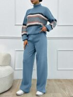 Compleu Tricotat cu Pantalon Cosima Bleu cu Print Geometric