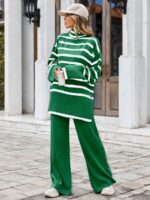 Compleu Tricotat cu Pantalon Suzan Verde cu Dungi Albe