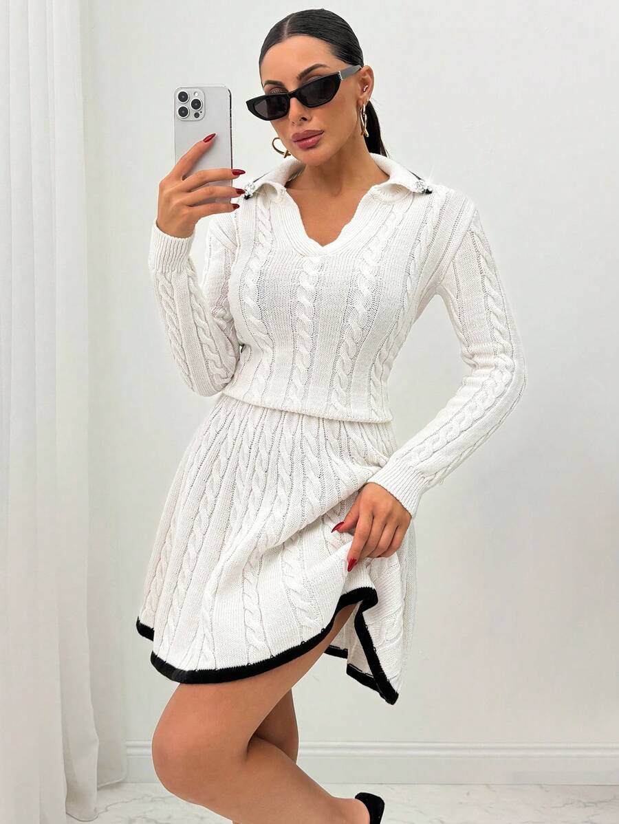 30 Compleu Tricotat cu Fusta Scurta Axelia Alb - imagine 1