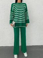 Compleu Tricotat cu Pantalon Zinna Verde cu Dungi Albe - imagine 3