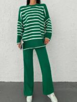 Compleu Tricotat cu Pantalon Zinna Verde cu Dungi Albe
