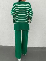 Compleu Tricotat cu Pantalon Zinna Verde cu Dungi Albe - imagine 2