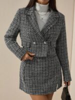 Compleu cu Fusta Scurta Neila Negru cu Print Geometric Alb - imagine 3