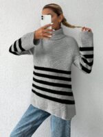 Pulover Tricotat Merra Gri cu Dungi Negre - imagine 3