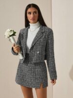 Compleu cu Fusta Scurta Neila Negru cu Print Geometric Alb