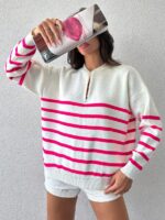 Pulover Tricotat Seya Alb cu Dungi Roz - imagine 4