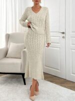 Compleu Tricotat cu Fusta Midi Pooja Bej Deschis