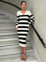 Rochie Midi Tricotata Bertha Alba cu Dungi Negre