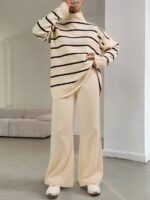 Compleu Tricotat cu Pantalon Emily Crem cu Dungi Negre