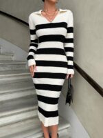 Rochie Midi Tricotata Bertha Alba cu Dungi Negre - imagine 3