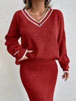 Compleu Tricotat cu Fusta Lunga Nieve Rosu - imagine 3