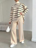 Compleu Tricotat cu Pantalon Emily Crem cu Dungi Negre - imagine 3