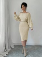 Rochie Midi Tricotata Teodora Crem cu Perle - imagine 3