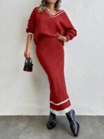 Compleu Tricotat cu Fusta Lunga Nieve Rosu