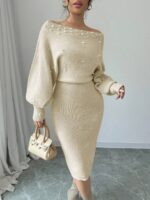 Rochie Midi Tricotata Teodora Crem cu Perle