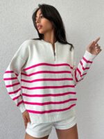 Pulover Tricotat Seya Alb cu Dungi Roz - imagine 3