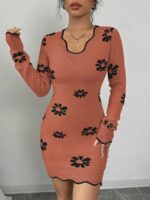 Rochie Scurta Tricotata Caligia Caramizie cu Print Negru