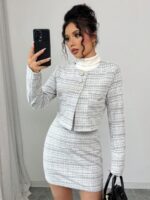 Compleu cu Fusta Scurta Irna Alb cu Print Geometric Gri - imagine 3