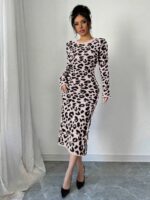 Rochie Midi Tricotata Sabine Roz cu Print Negru