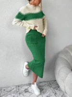 Compleu Tricotat cu Fusta Midi Adalena Verde si Pulover Crem