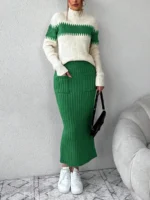 Compleu Tricotat cu Fusta Midi Adalena Verde si Pulover Crem - imagine 3