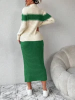 Compleu Tricotat cu Fusta Midi Adalena Verde si Pulover Crem - imagine 2