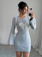 Rochie Scurta Tricotata Zahra Gri cu Funda cu Paiete si Perle