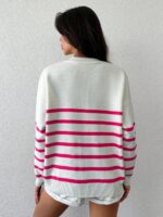 Pulover Tricotat Seya Alb cu Dungi Roz - imagine 2