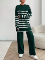 Compleu Tricotat cu Pantalon Meick Verde cu Dungi Albe - imagine 4