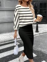 Compleu cu Fusta Midi Folmar cu Bluza Alba cu Dungi