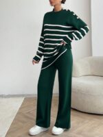 Compleu Tricotat cu Pantalon Meick Verde cu Dungi Albe