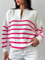 Pulover Tricotat Seya Alb cu Dungi Roz