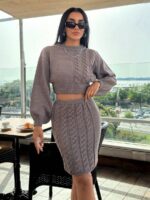 Compleu Tricotat Rosita Bej Inchis cu Fusta Scurta - imagine 3