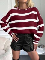 Pulover Tricotat Benned Alb cu Dungi Grena