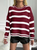 Pulover Tricotat Benned Alb cu Dungi Grena - imagine 3