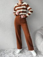 Compleu Tricotat cu Pantalon Emilin Maro cu Dungi Albe
