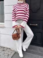 Compleu Tricotat cu Pantalon Martine Alb cu Dungi Roz - imagine 3