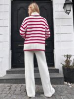 Compleu Tricotat cu Pantalon Martine Alb cu Dungi Roz - imagine 2