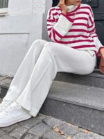 Compleu Tricotat cu Pantalon Martine Alb cu Dungi Roz - imagine 4