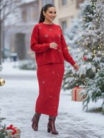 Compleu Tricotat format din Rochie fara Maneci si Bluza Luzmila Rosu - imagine 2