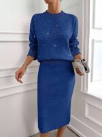 Compleu Tricotat cu Fusta Midi Daniella Albastru cu Strasuri - imagine 4