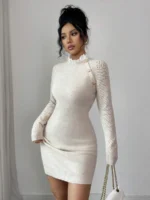 Rochie Scurta Tricotata Senna Crem - imagine 3