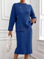 Compleu Tricotat cu Fusta Midi Daniella Albastru cu Strasuri - imagine 3