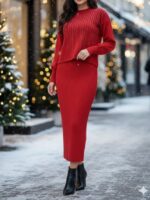Compleu Tricotat format din Rochie fara Maneci si Bluza Denisa Rosu - imagine 2