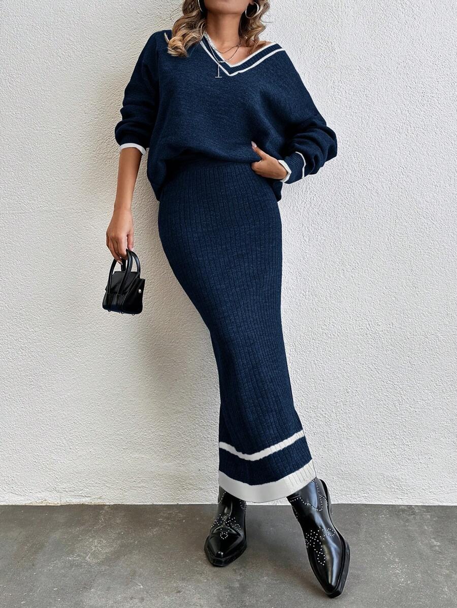 12 Compleu Tricotat cu Fusta Lunga Nieve Bleumarin - imagine 1